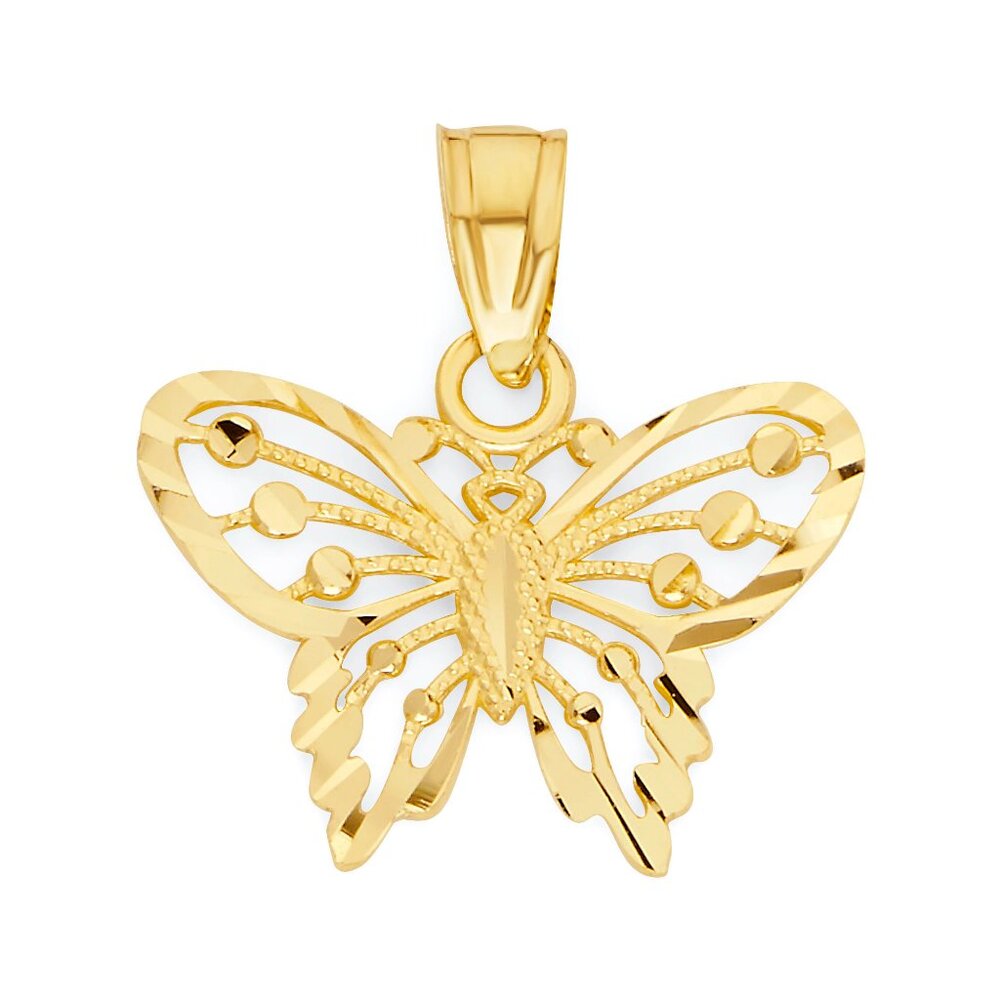 14K Solid Gold Butterfly Pendant – Delicate Filigree Charm, Diamond-Cut Finish